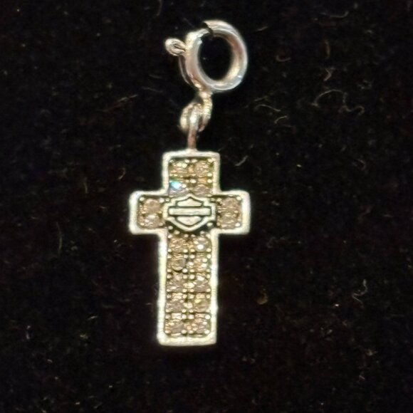 HARLEY DAVIDSON STERLING SILVER BLING CROSS CHARM - Picture 1 of 2